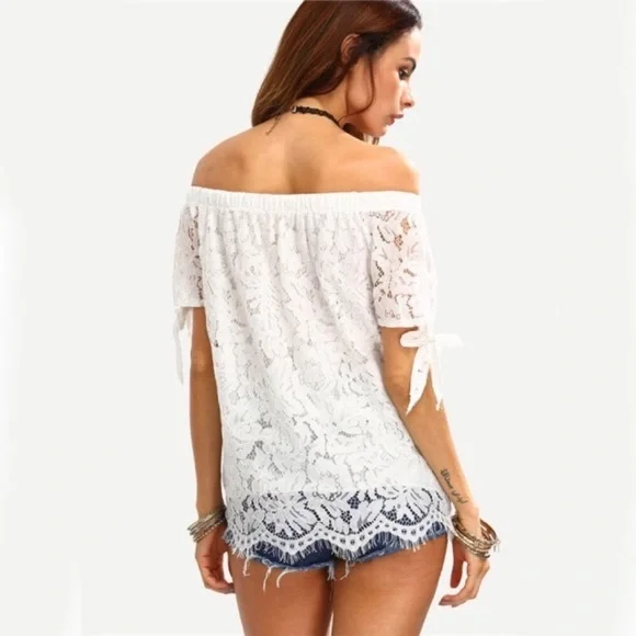 💥 CLEARANCE Over Floral Lace Boho Off Shoulder Top - Picture 4 of 7